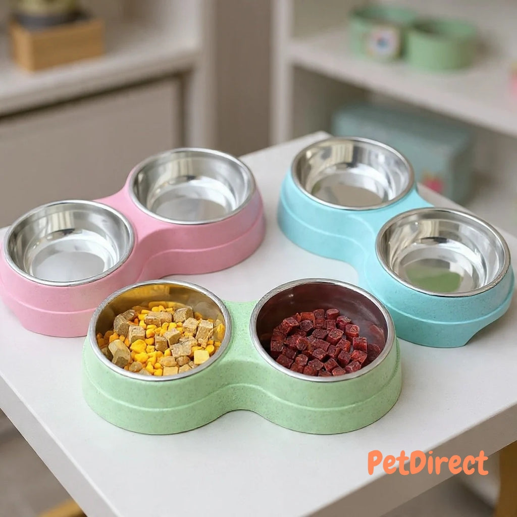 Stainless Steel Double Bowls for Feeding Puppies, Cats, and Small Dogs | Food and Water Feeder